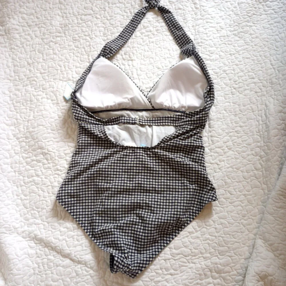 Draper James Navy Gingham Seersucker Draped Halter Swimsuit - Picture 7 of 10